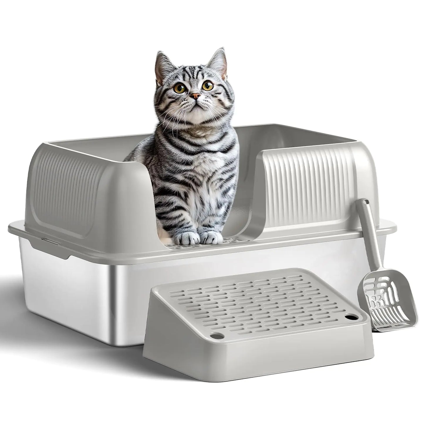 Stainless Steel Litter BoxExtra Large Litter Box with Lid for Big Cats Metal Litter Box High Sided Kitty Litter Box with Scoop No Odor Non-Sticky Anti-Leakage Easy Cleaning Gray