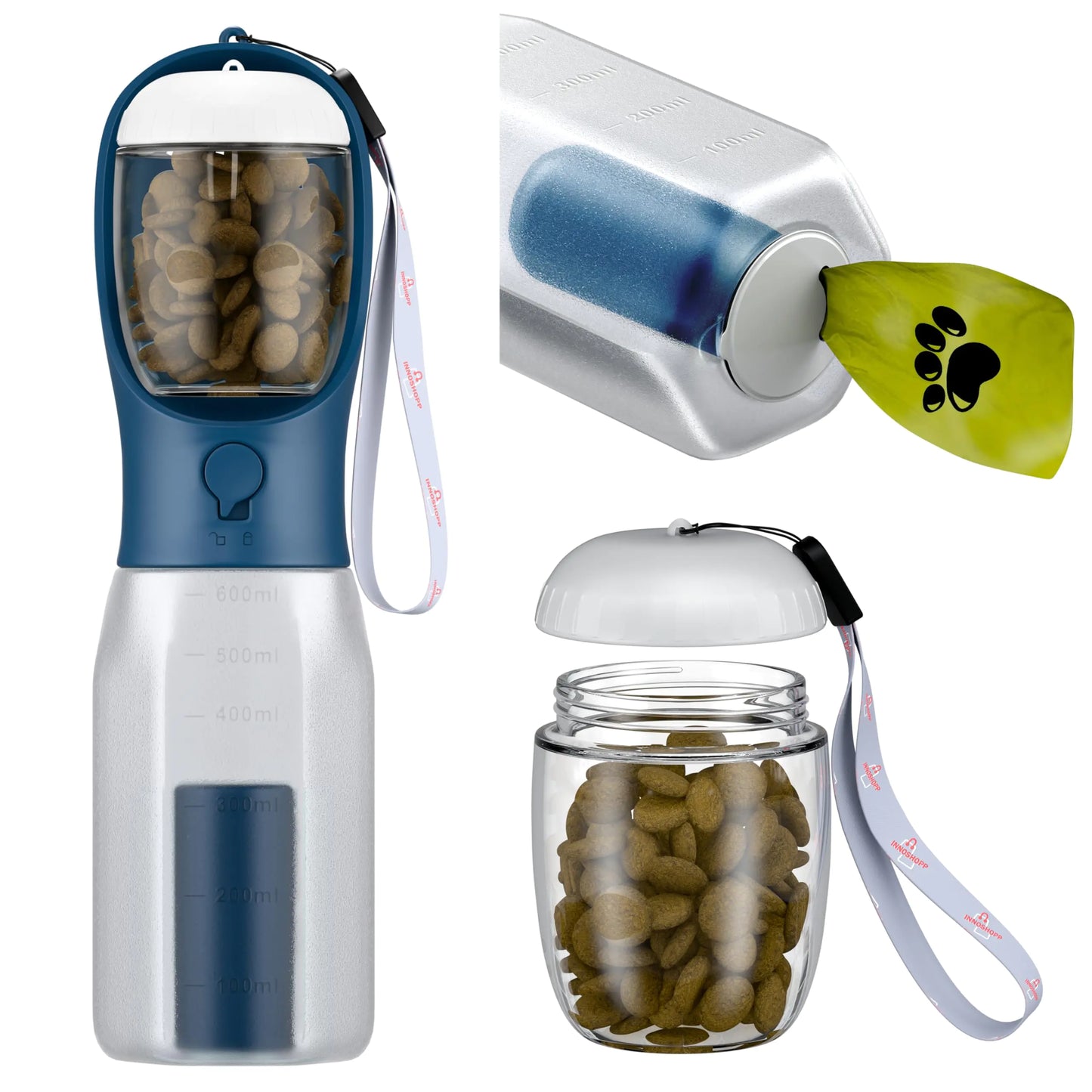 Innoshopp Dog Water Bottle - Portable Pet Water Bottle with Food Container & Poop Bag Dispenser - Lightweight Leak Proof & BPA Free Dogs Drinking Bottle for Walking Hiking & Travel (Navy Blue)