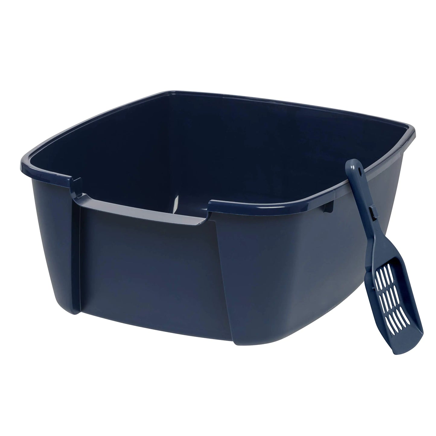 IRIS USA Jumbo Cat Litter Box with Scoop Open Top High Sided Kitty Litter Pan Navy