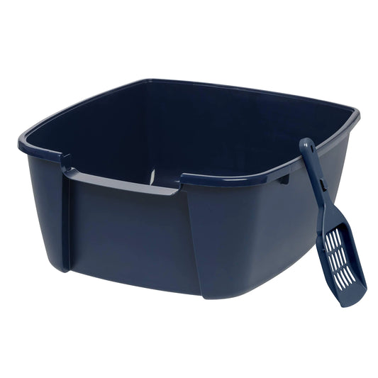IRIS USA Jumbo Cat Litter Box with Scoop Open Top High Sided Kitty Litter Pan Navy