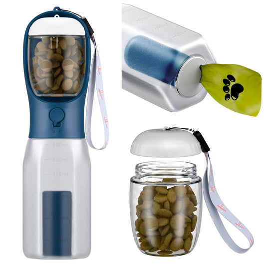 Innoshopp Dog Water Bottle - Portable Pet Water Bottle with Food Container & Poop Bag Dispenser - Lightweight Leak Proof & BPA Free Dogs Drinking Bottle for Walking Hiking & Travel (Navy Blue)