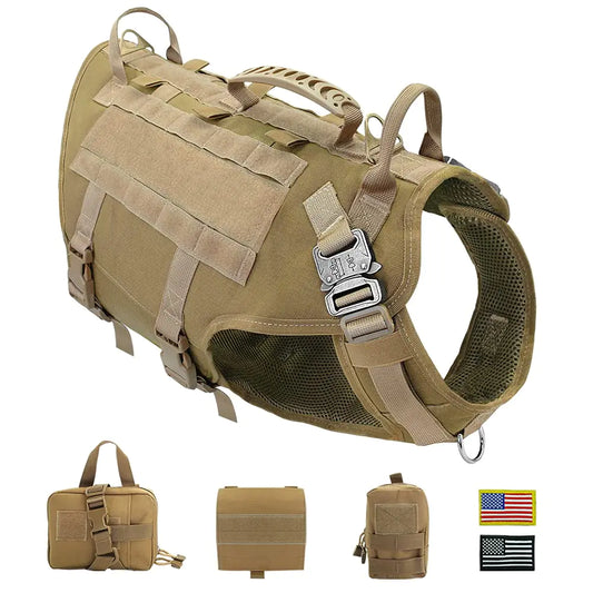 PET ARTIST Tactical Dog Harness for Hiking Training No Pull Vest Harness for Medium Large Dogs with Pouches and Patches Coyote Brown M