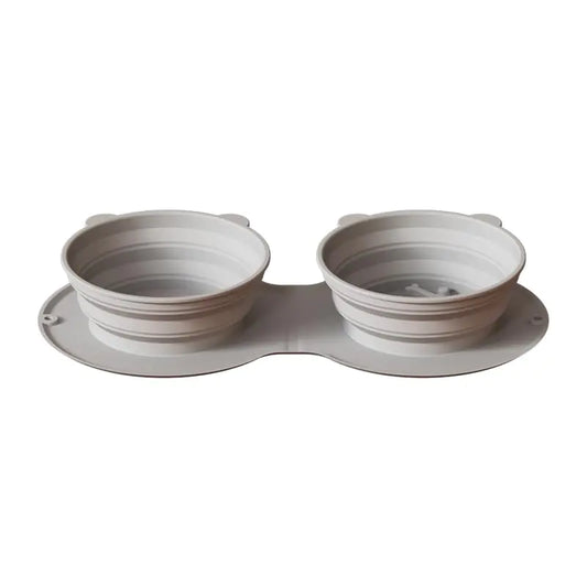 HappyTails - Silicone Foldable 2 in 1 Pet Bowl Collapsible Double Feeder Dish Integrated Molding Expandale Food&Water Bowl for Dogs&Cats Traveling Hiking Camping Grey