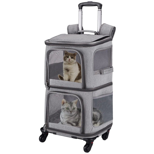 VOISTINO Double Pet Carrier Backpack with Wheels for Small Cats and Dogs Rolling Cat Travel Carrier Super Ventilated Design Ideal for Traveling/Hiking/Camping Grey