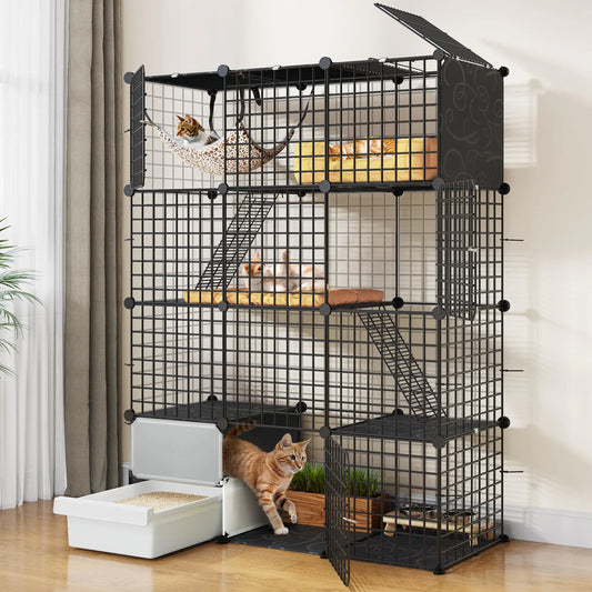 YITAHOME 4-Tier Cat Cage with Litter Box: Kittens Cat House Indoor Multi-Level Cat Enclosure for 1-3 Small Cats Black