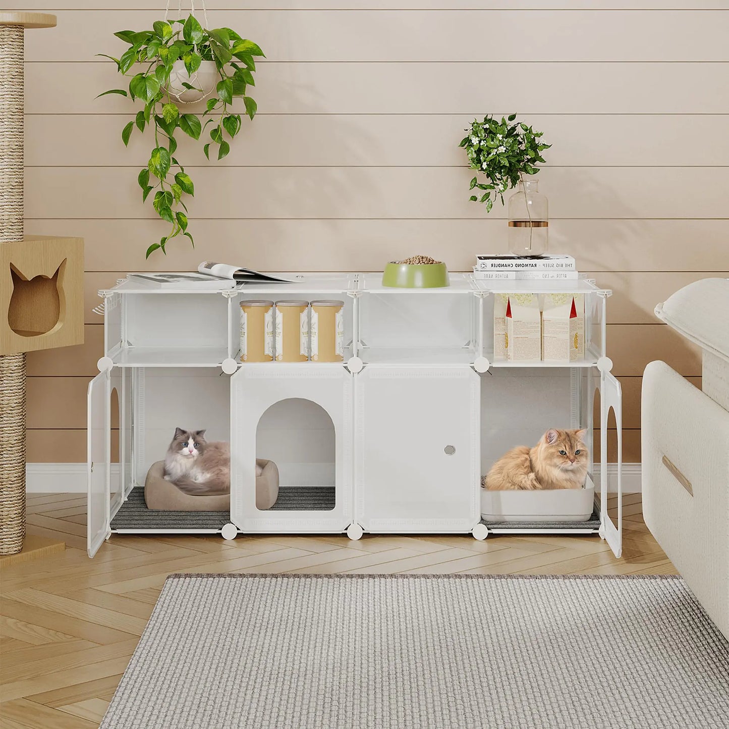 Hzuaneri Cat Litter Box Enclosure Oversized Double Small Pet Enclosure Cat Cabinet Hidden Cat Litter Box Furniture with Carpet 47.2 x 18.5 x 22.5 inches Living Room Balcony White CB83399WT
