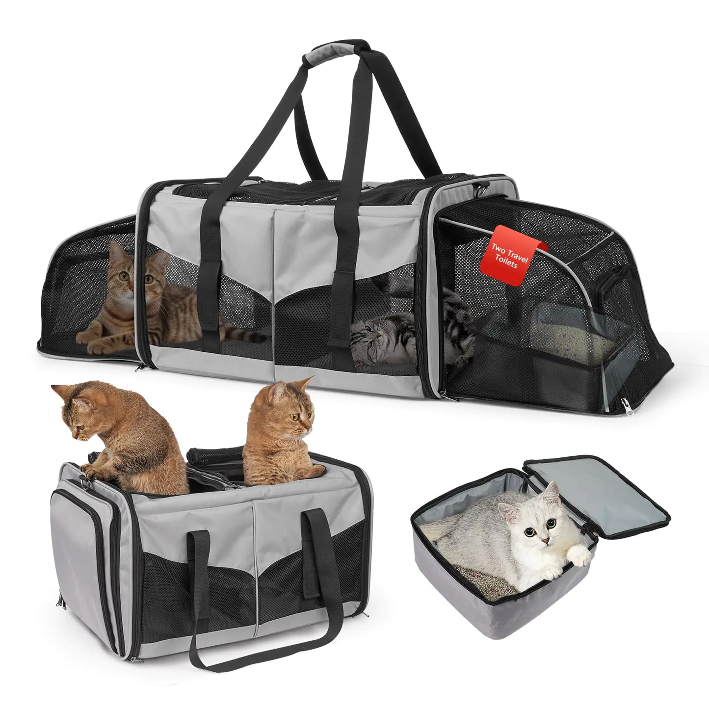 LitaiL Cat Travel Carrier with Litter Boxes for 2 Cats Double-Compartment Soft Pet Carrier Expandable Portable Cat Carrier for Car Travel up to 35 lb Road Trip Camping Hiking Grey