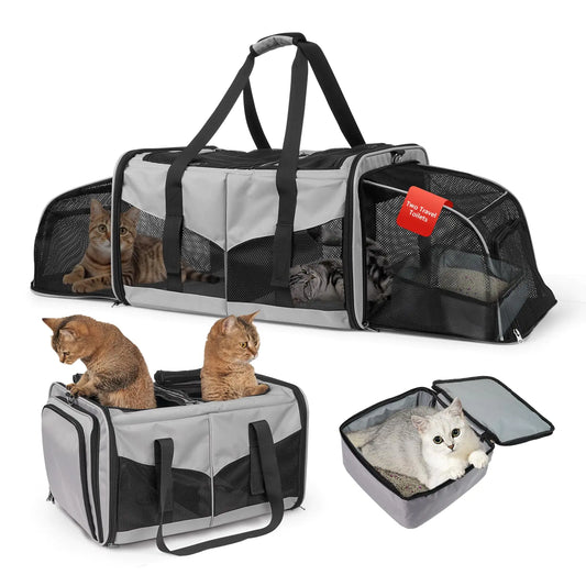 LitaiL Cat Travel Carrier with Litter Boxes for 2 Cats Double-Compartment Soft Pet Carrier Expandable Portable Cat Carrier for Car Travel up to 35 lb Road Trip Camping Hiking Grey