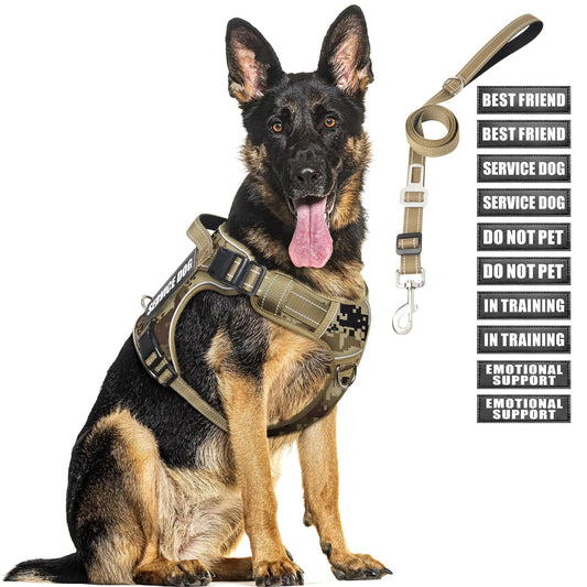 MOOGROU Tactical Dog Harness and Leash Set for Large DogsHeavy Duty No Pull Service Dog Vest and 10 Patches with Dog Seat BeltReflective Adjustable Pet Harness for Training Walking Hiking Camo XL