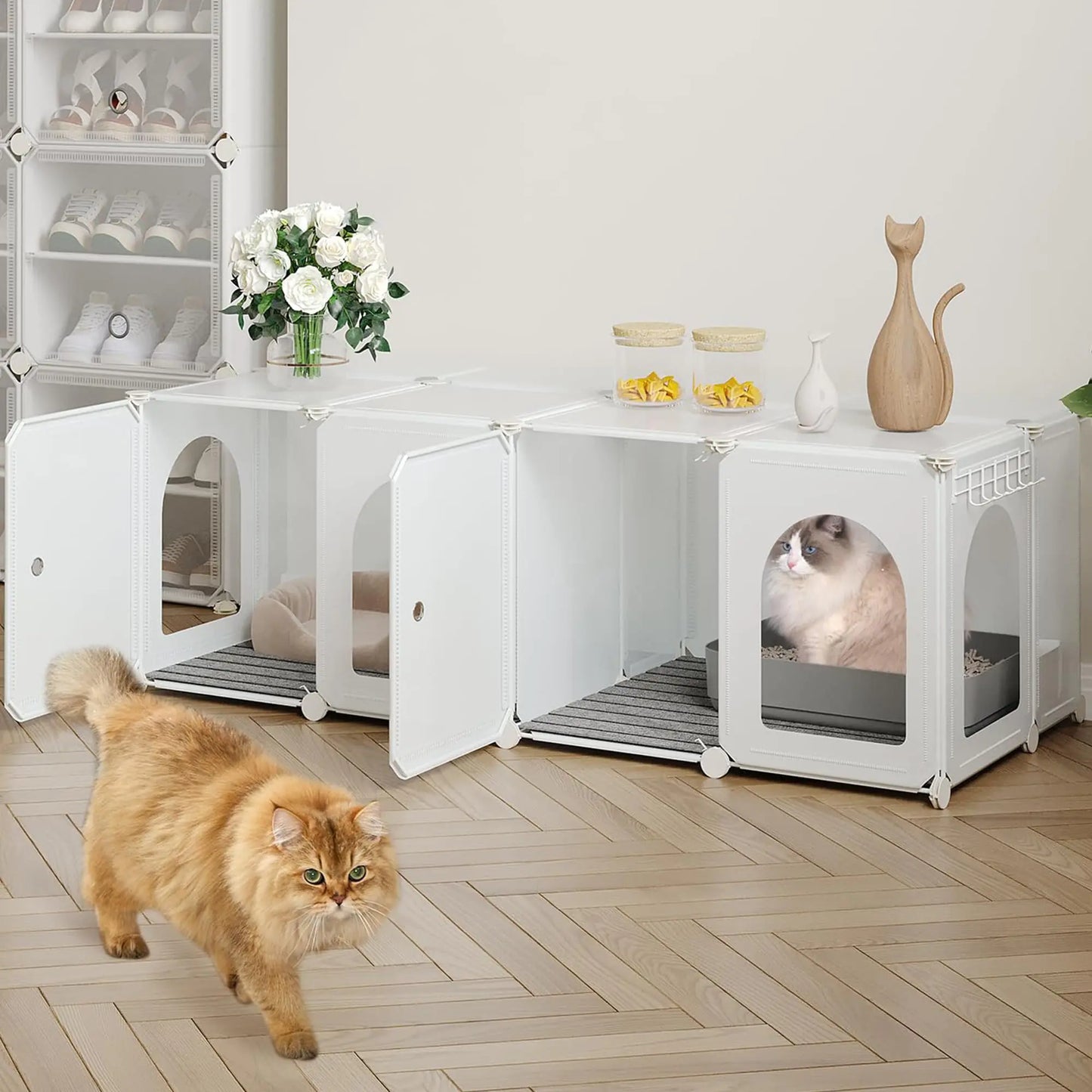 Hzuaneri Cat Litter Box EnclosureOversized Double Large Pet Enclosure Cat Cabinet Hidden Cat Litter Box Furniture with Carpet47.2 x 18.5 x 15.7 inches Living Room Balcony White CB83599WT