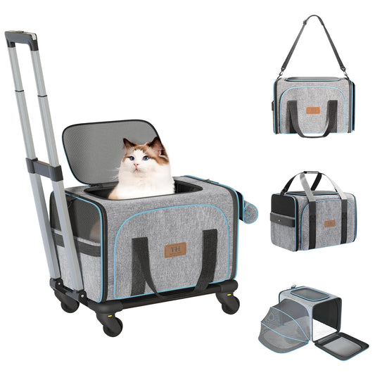 Western Home Cat Carrier with WheelsExpandable Rolling Pet Carrier Airline ApprovedTravel Dog Crate with Removable Base & Telescopic Handle Suitable for Traveling/Hiking/Camping