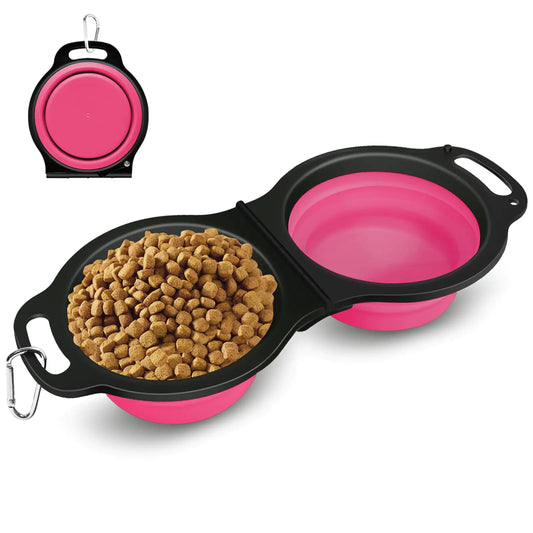PNEUICALLY Collapsible Silicone Cat and Dog Travel Bowls2 in 1 Foldable Pet Feeding and Watering Dish for Walking Camping Hiking with Carabiner (Rose Red)